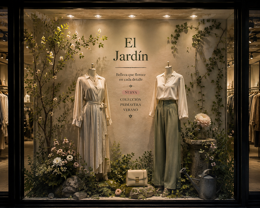 El Jardín — Diseño conceptual de escaparate inspirado en la naturaleza y la belleza orgánica. Una propuesta de escaparatismo y visual merchandising de Oh My Window! que transforma el espacio comercial mediante vegetación, composición y elementos naturales, creando una atmósfera elegante, envolvente y contemporánea.