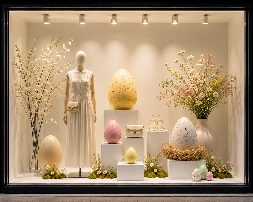 Huevos de Pascua — Diseño conceptual de escaparate inspirado en la tradición y la celebración de la Pascua. Una propuesta de escaparatismo y visual merchandising de Oh My Window! que utiliza huevos decorativos, color y composición para crear un espacio atractivo, elegante y festivo, pensado para captar la atención y reforzar la identidad visual del comercio.