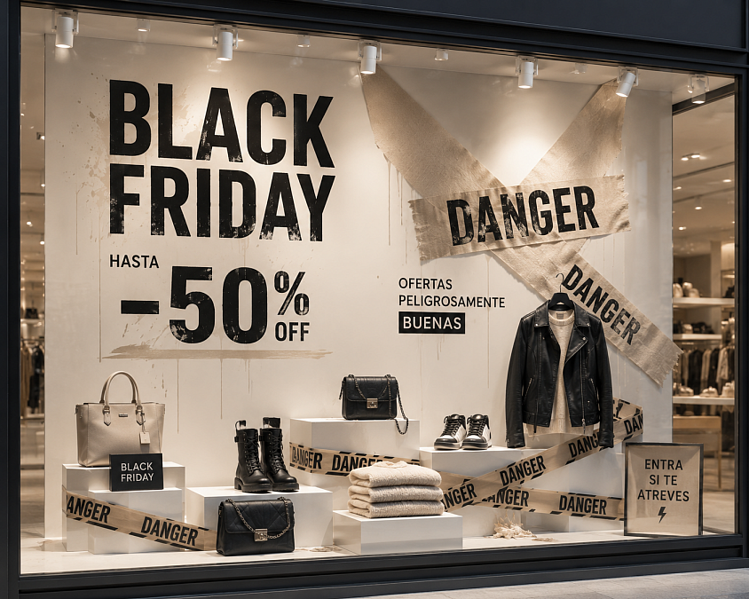 Black Friday — Diseño conceptual de escaparate inspirado en la estética icónica del Black Friday. Una propuesta de escaparatismo y visual merchandising de Oh My Window! que utiliza el negro, la iluminación y una composición gráfica de alto impacto para comunicar la campaña comercial de forma sofisticada, contemporánea y visualmente atractiva, convirtiendo el escaparate en el principal reclamo de la tienda.