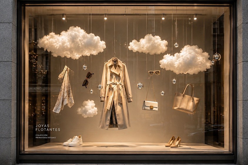 Joyas Flotantes — Diseño conceptual de escaparate inspirado en la ligereza y elegancia de los elementos suspendidos. Una propuesta de escaparatismo y visual merchandising de Oh My Window! que combina prendas, accesorios y objetos flotantes para crear una composición etérea, sofisticada y contemporánea, donde el espacio y la sensación de ingravidez se convierten en protagonistas.