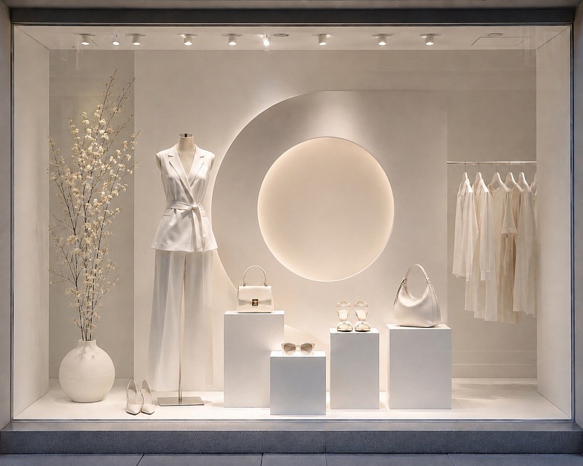 Minimalismo Blanco — Diseño conceptual de escaparate basado en la pureza del blanco y la simplicidad de las formas. Una propuesta de escaparatismo y visual merchandising de Oh My Window! que combina moda, arquitectura, iluminación y espacio negativo para crear una composición limpia, elegante y atemporal, donde cada elemento adquiere protagonismo sin sobrecargar el conjunto.