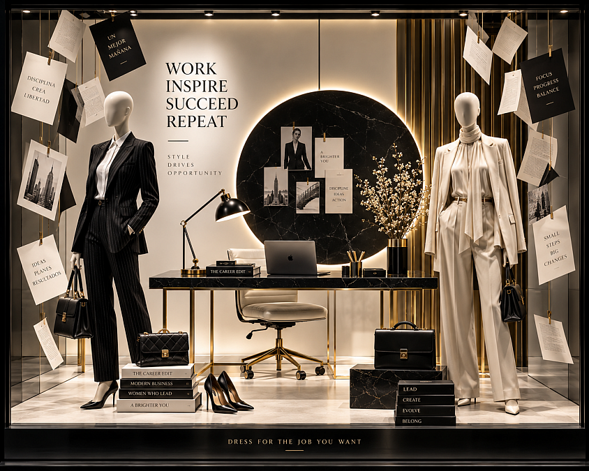 Dress for the Job You Want — Diseño conceptual de escaparate inspirado en el mundo profesional y la moda ejecutiva. Una propuesta de escaparatismo y visual merchandising de Oh My Window! que combina sastrería, mobiliario de oficina, iluminación, materiales nobles y una cuidada composición en blanco, negro y dorado para crear una escena sofisticada, aspiracional y contemporánea.