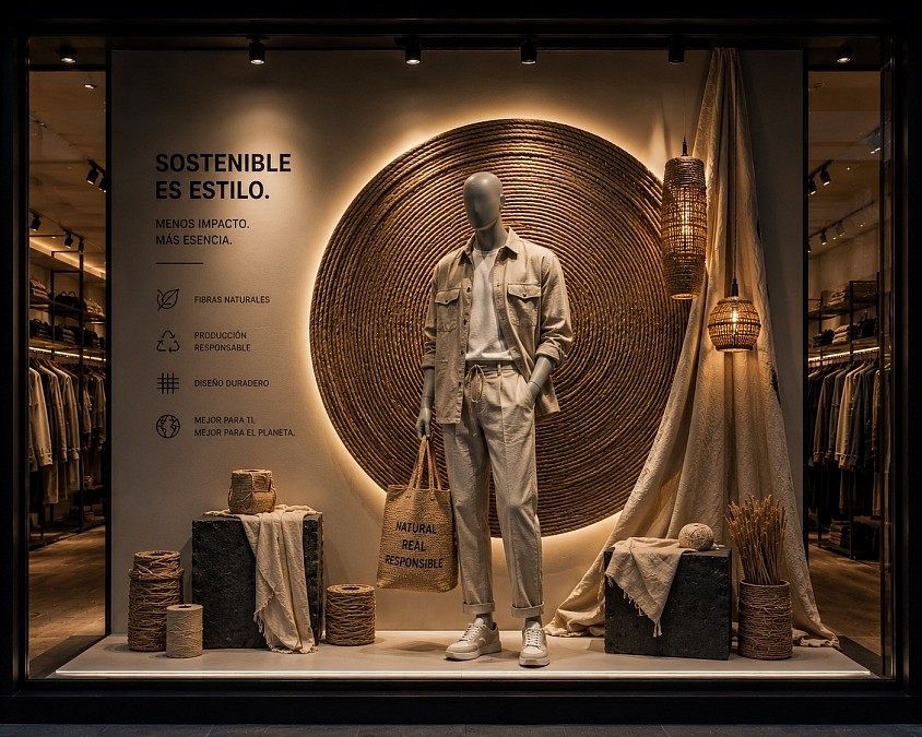 Sostenible — Diseño conceptual de escaparate inspirado en la moda sostenible y el respeto por el medioambiente. Una propuesta de escaparatismo y visual merchandising de Oh My Window! que combina materiales naturales, fibras orgánicas, texturas artesanales y una estética neutra para comunicar los valores de sostenibilidad, consumo responsable y diseño duradero a través de una composición cálida, elegante y contemporánea.