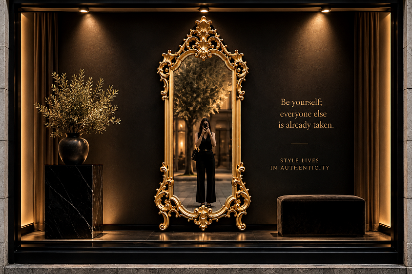 Marco Instagram — Diseño conceptual de escaparate inspirado en la estética de las redes sociales y la expresión de la identidad personal. Una propuesta de escaparatismo y visual merchandising de Oh My Window! que convierte un espejo ornamentado en el elemento central de la composición, combinando moda, iluminación cálida y una escenografía sofisticada para crear una experiencia visual elegante, contemporánea y altamente fotografiable.