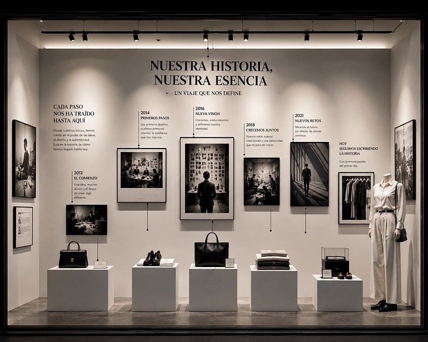 Historia de Marca — Diseño conceptual de escaparate centrado en la identidad, los valores y el recorrido de una marca. Una propuesta de escaparatismo y visual merchandising de Oh My Window! que transforma la historia de la firma en una narrativa visual mediante producto, elementos simbólicos, materiales y recursos gráficos, creando un espacio con personalidad, coherencia y conexión emocional con el público.