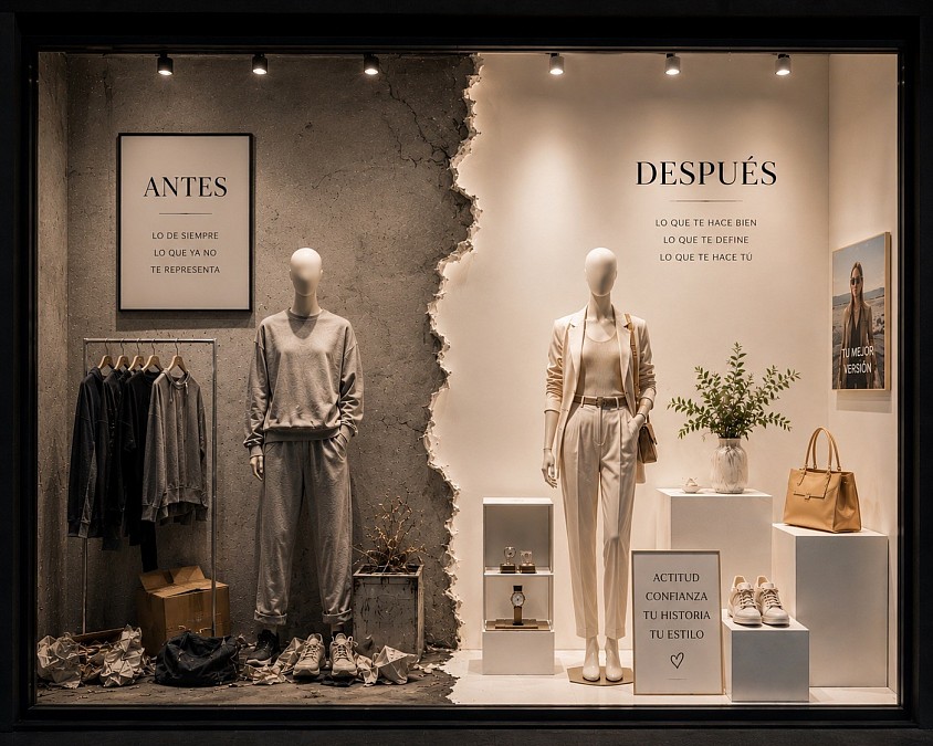 Metamorfosis — Diseño conceptual de escaparate inspirado en el cambio, la transformación y la evolución. Una propuesta de escaparatismo y visual merchandising de Oh My Window! que representa el proceso de transformación mediante formas, texturas, iluminación y composición, creando una escena dinámica, sofisticada y evocadora que conecta la evolución visual con el universo de la moda.