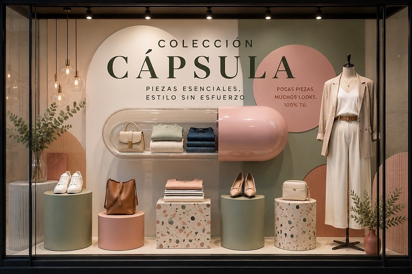 Colección Cápsula — Diseño conceptual de escaparate centrado en una selección exclusiva y cuidadosamente editada de prendas. Una propuesta de escaparatismo y visual merchandising de Oh My Window! que destaca la singularidad de una colección cápsula mediante una composición depurada, sofisticada y equilibrada, poniendo el producto y su identidad visual en el centro de la experiencia.