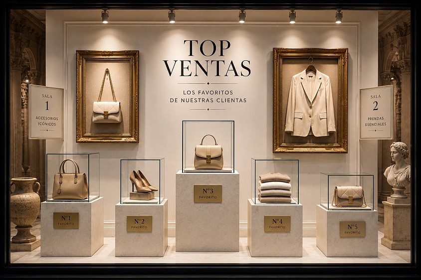 Top Ventas — Diseño conceptual de escaparate inspirado en una selección exclusiva de los productos más vendidos de una boutique. Una propuesta de escaparatismo y visual merchandising de Oh My Window! que presenta los artículos como piezas de colección mediante pedestales, vitrinas y marcos ornamentales, creando una composición elegante, ordenada y sofisticada que comunica exclusividad y pone en valor los productos favoritos de la clientela.