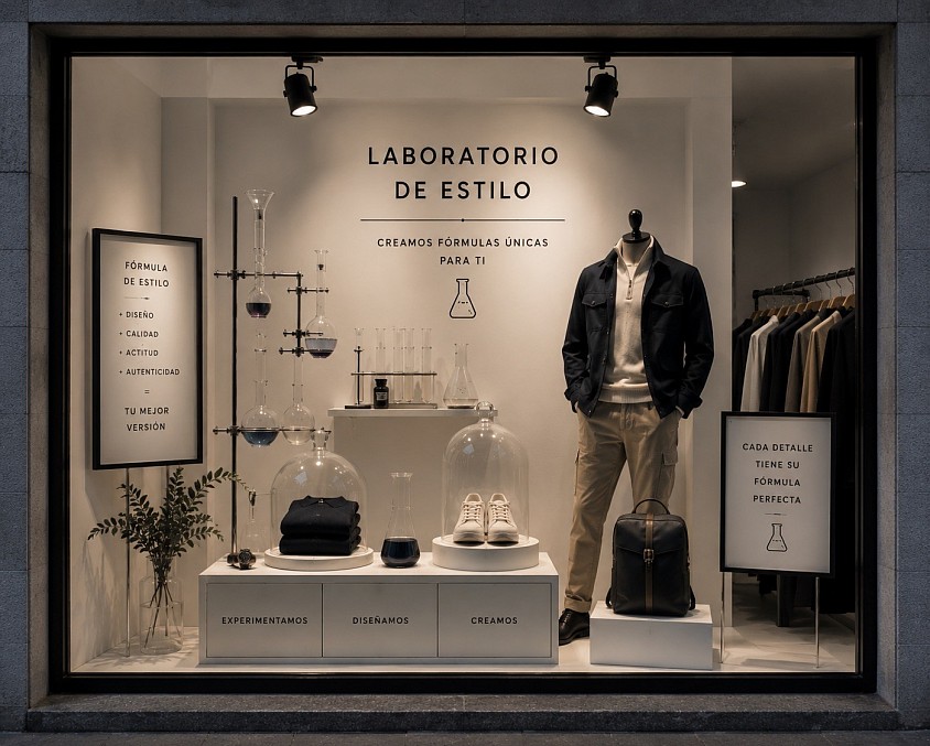 El Laboratorio — Diseño conceptual de escaparate inspirado en la experimentación, la creatividad y la innovación en moda. Una propuesta de escaparatismo y visual merchandising de Oh My Window! que transforma el espacio en un laboratorio creativo mediante estructuras, materiales, iluminación y elementos de experimentación, creando una composición contemporánea, sofisticada y sorprendente que invita a descubrir el proceso detrás de cada colección.