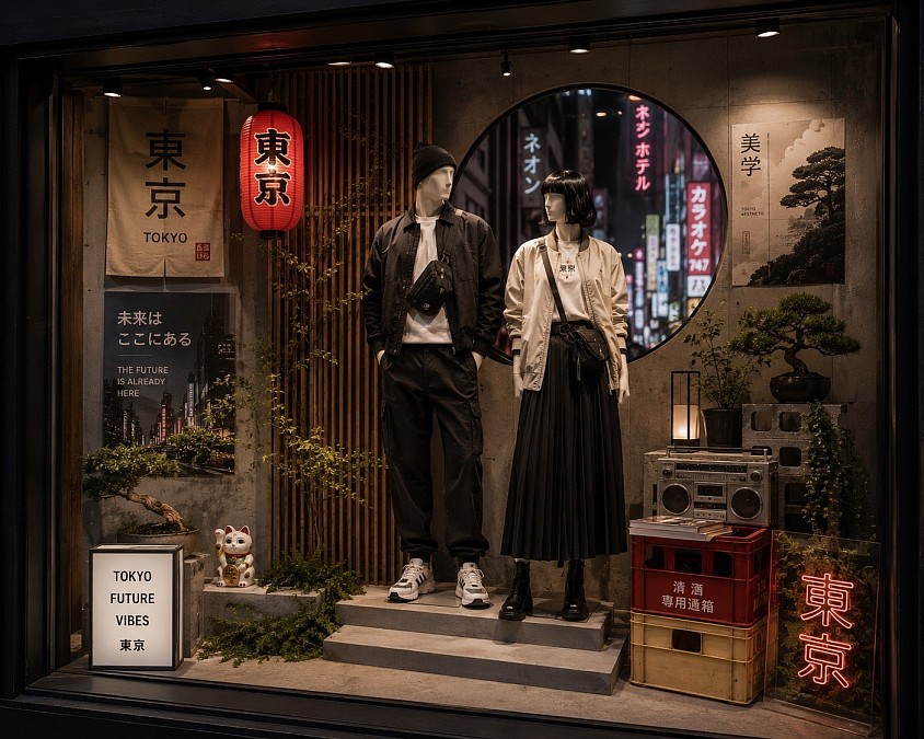 Tokyo — Diseño conceptual de escaparate inspirado en la estética contemporánea de Tokio y su particular fusión entre tradición y vanguardia. Una propuesta de escaparatismo y visual merchandising de Oh My Window! que combina referencias urbanas, arquitectura, iluminación y elementos de inspiración japonesa para crear una composición sofisticada, dinámica y visualmente impactante, trasladando la energía de la ciudad al espacio comercial.