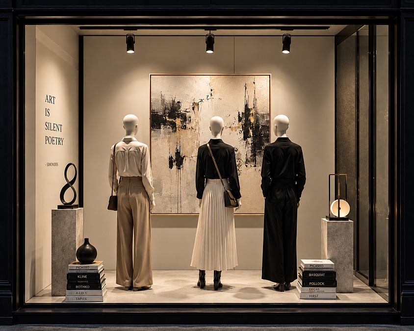La Galería — Diseño conceptual de escaparate inspirado en el lenguaje de las galerías de arte y la moda como expresión artística. Una propuesta de escaparatismo y visual merchandising de Oh My Window! que presenta las prendas y accesorios como piezas de exposición, utilizando marcos, iluminación y una composición cuidadosamente equilibrada para crear un espacio elegante, sofisticado y con carácter editorial.