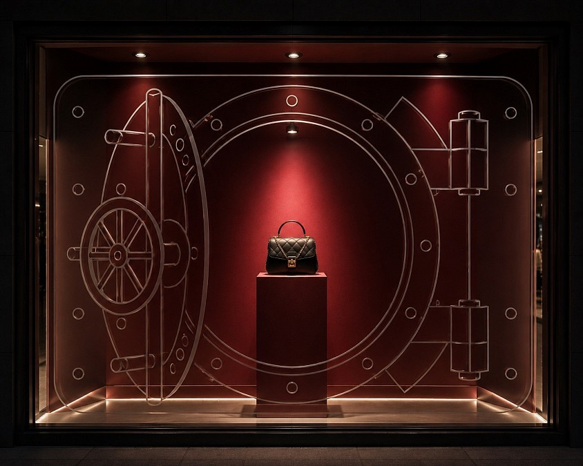Cámara Acorazada — Diseño conceptual de escaparate inspirado en el universo del lujo, la exclusividad y las piezas más preciadas. Una propuesta de escaparatismo y visual merchandising de Oh My Window! que convierte el espacio comercial en una cámara acorazada contemporánea, utilizando materiales nobles, iluminación dramática, estructuras metálicas y una cuidada presentación del producto para transmitir valor, misterio y exclusividad.