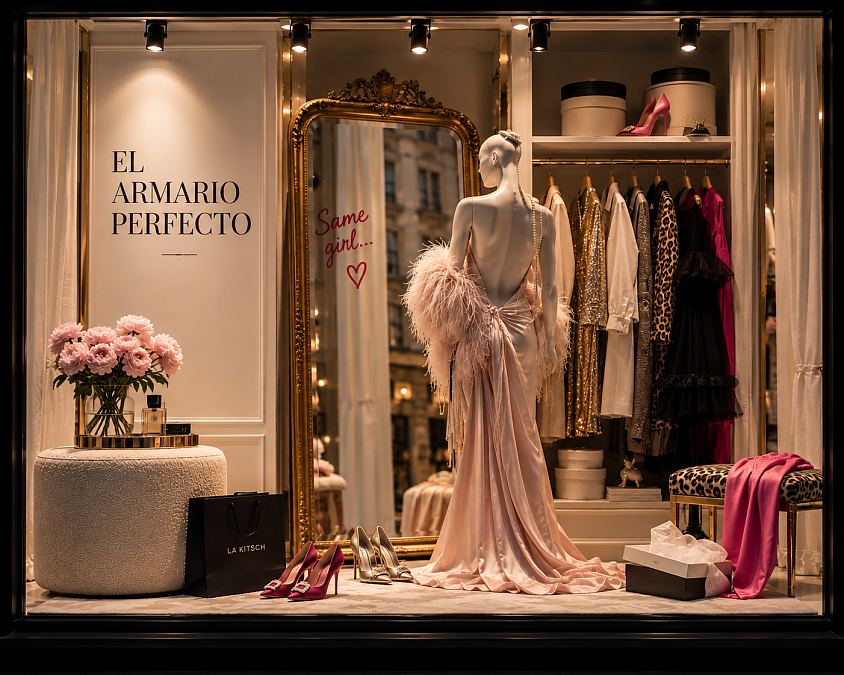 El Armario Perfecto — Escaparate de moda femenino de estilo editorial inspirado en un vestidor de lujo. Diseño conceptual de escaparatismo y visual merchandising de Oh My Window! con maniquí, espejo dorado, prendas de moda, zapatos, accesorios, flores y elementos decorativos en tonos rosa empolvado, crema y dorado, creando una composición sofisticada, cálida y aspiracional.