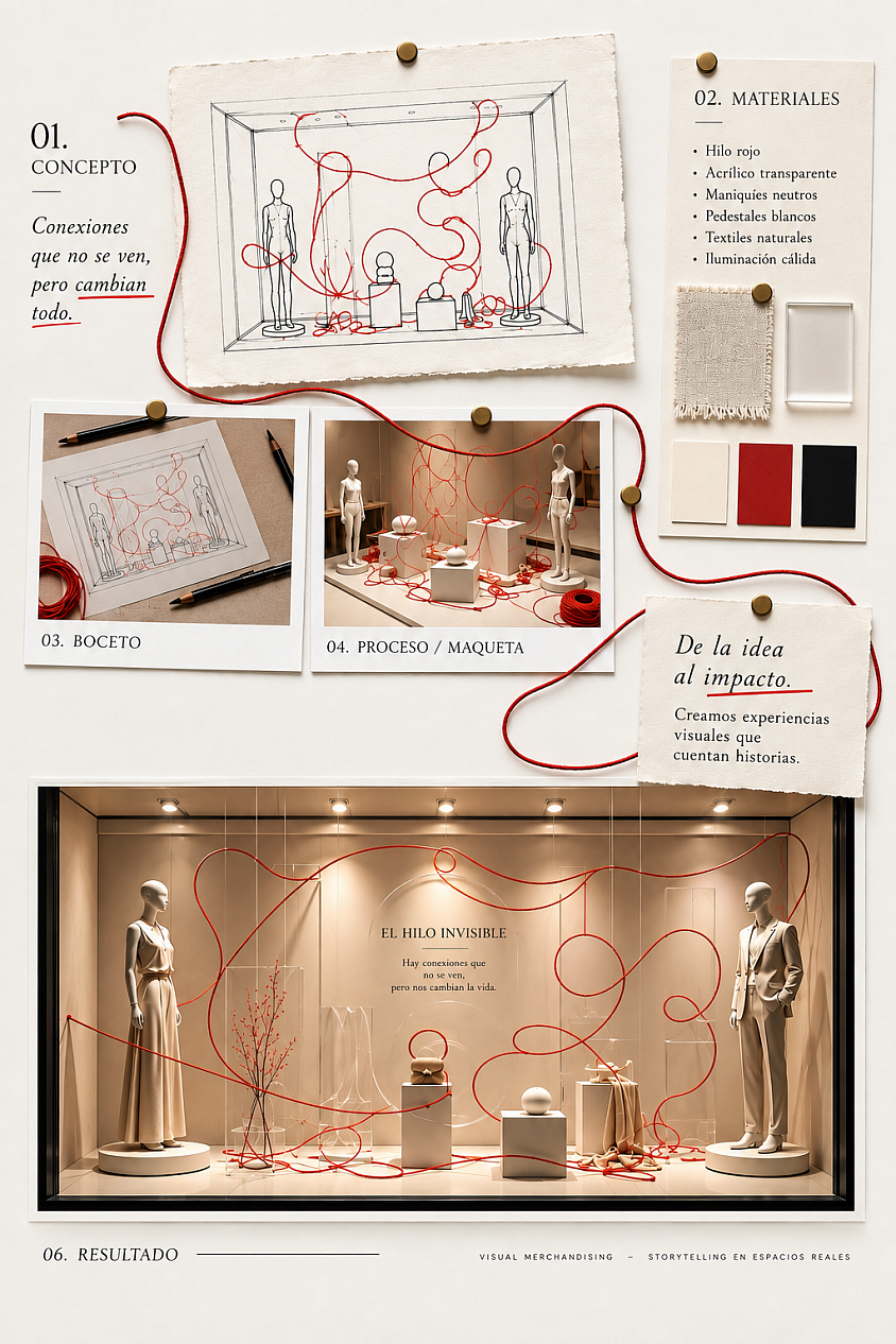 Proyecto de escaparatismo El Hilo Invisible, una propuesta de visual merchandising basada en conexiones, storytelling y diseño de espacios comerciales. Concepto, boceto, materiales, proceso y resultado final de un escaparate contemporáneo.