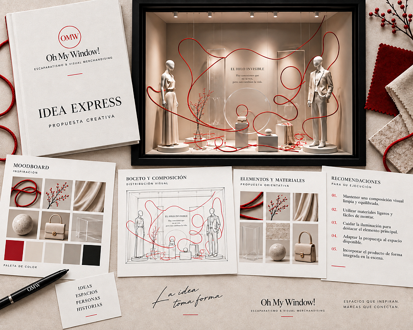 Propuesta creativa de escaparatismo El Hilo Invisible de Oh My Window!, con moodboard, boceto, composición, materiales, paleta de color y recomendaciones de ejecución. Un proyecto de visual merchandising que transforma una idea conceptual en una experiencia de escaparate.