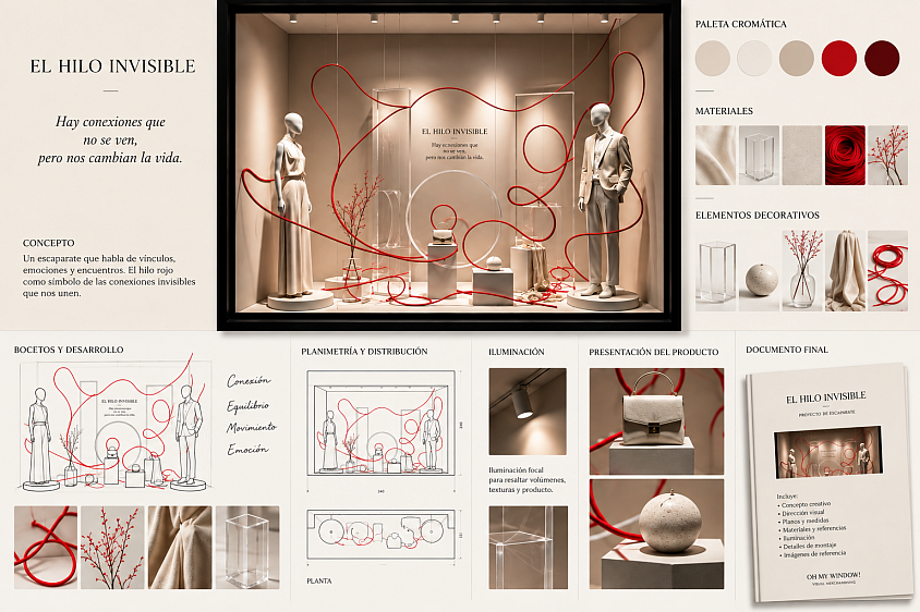 Proyecto profesional de escaparatismo El Hilo Invisible de Oh My Window!, con concepto creativo, paleta cromática, materiales, bocetos, planimetría, distribución, iluminación y presentación del producto. Propuesta de visual merchandising basada en conexiones, equilibrio y storytelling.