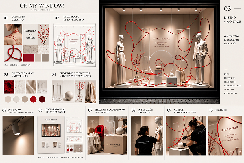 Proyecto de escaparatismo El Hilo Invisible de Oh My Window!, desde el concepto creativo hasta el montaje y resultado final. Incluye desarrollo de la propuesta, selección de materiales, paleta cromática, iluminación, coordinación de elementos, preparación del espacio y montaje del escaparate.