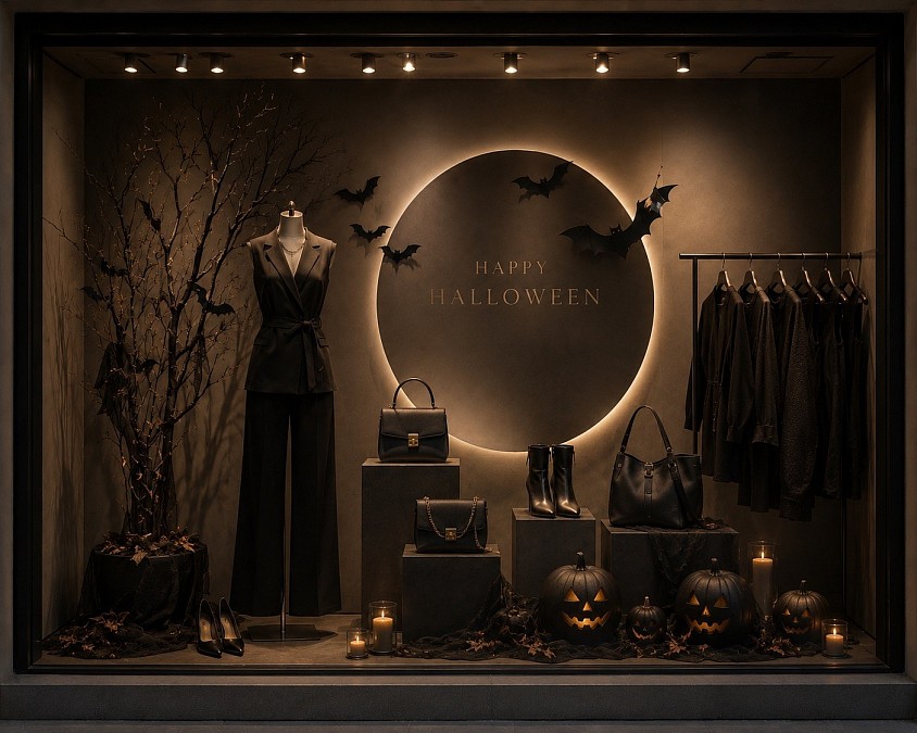 Escaparate de Halloween en tonos negros y dorados, con maniquí vestido de negro, bolsos, botas, calabazas, ramas secas y murciélagos. Una propuesta elegante y sofisticada de escaparatismo que transforma el imaginario de Halloween en una experiencia de moda contemporánea.