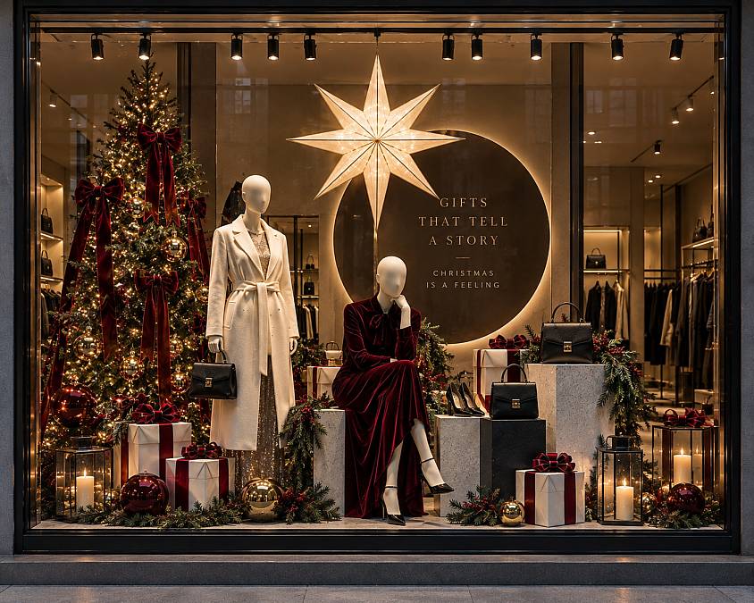 Escaparate de Navidad premium para tienda de moda, con árbol de Navidad iluminado, grandes estrellas, lazos de terciopelo burdeos, regalos, maniquíes, bolsos y calzado. Una propuesta de escaparatismo elegante, sofisticada y experiencial, diseñada para captar todas las miradas y convertir el escaparate en un auténtico punto de atracción durante la campaña navideña.