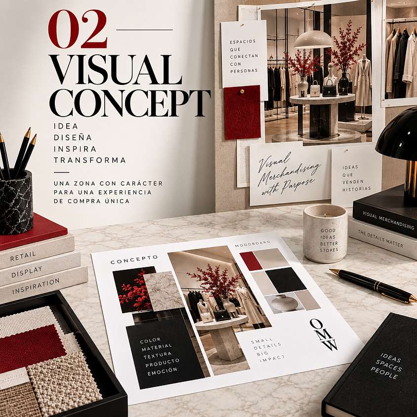VISUAL CONCEPT DE OMW: DISEÑO DE CONCEPTOS VISUALES PARA ESPACIOS COMERCIALES, CORNERS, ZONAS DE PRODUCTO Y PUNTOS DE IMPACTO. UNA PROPUESTA CREATIVA QUE COMBINA CONCEPTO, ESTÉTICA, COLOR, MATERIALES Y COMPOSICIÓN PARA CREAR ESPACIOS CON IDENTIDAD Y UNA EXPERIENCIA DE COMPRA MÁS ATRACTIVA.