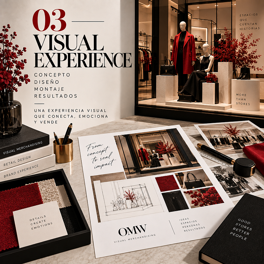 VISUAL EXPERIENCE DE OMW: DISEÑO Y DESARROLLO DE EXPERIENCIAS DE VISUAL MERCHANDISING PARA COMERCIOS. UN SERVICIO INTEGRAL QUE UNE CONCEPTO, DISEÑO, STYLING Y PUESTA EN ESCENA PARA CREAR ESPACIOS COMERCIALES CON IDENTIDAD, IMPACTO Y UNA EXPERIENCIA DE COMPRA MEMORABLE.