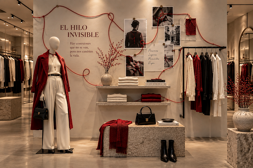 Proyecto conceptual de visual merchandising inspirado en El Hilo Invisible. Una instalación que conecta producto, espacio y narrativa mediante composición, color y elementos visuales.