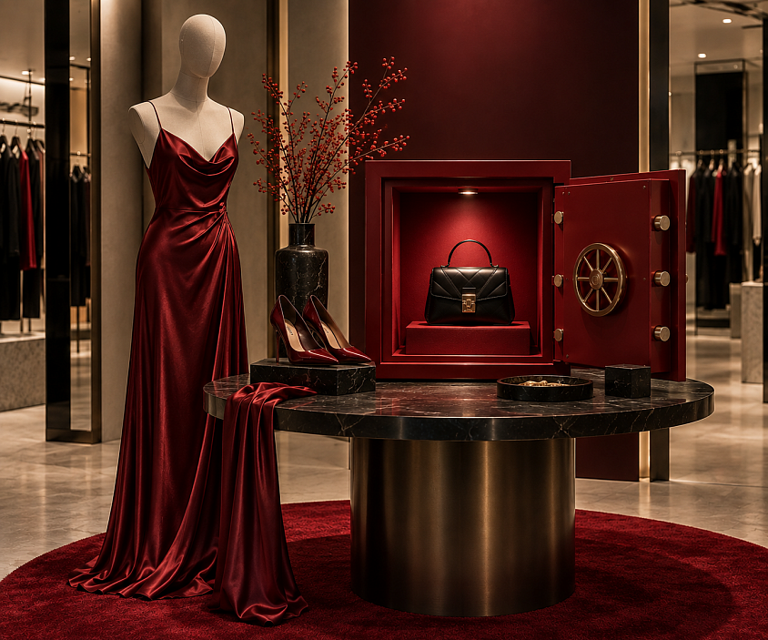 Proyecto de visual merchandising inspirado en una cámara acorazada. Una composición elegante y minimalista que combina producto, color, iluminación y materiales para crear una experiencia visual sofisticada.