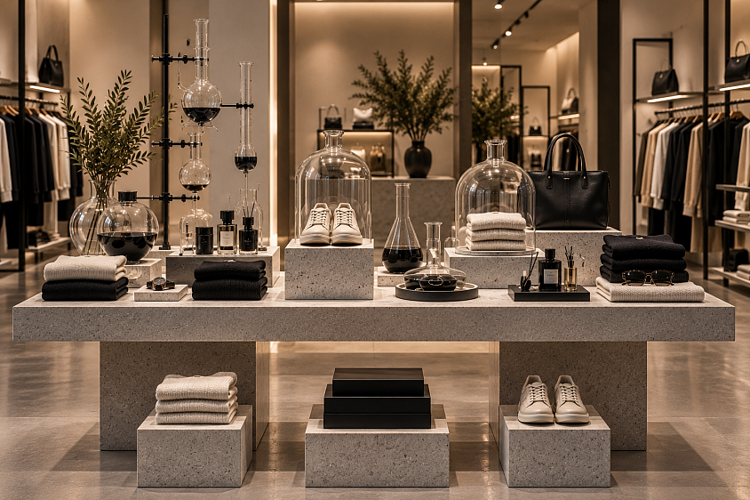 Proyecto conceptual de visual merchandising inspirado en un laboratorio de estilo. Una mesa de producto que combina moda, accesorios, cristal y composición para crear una experiencia visual sofisticada.