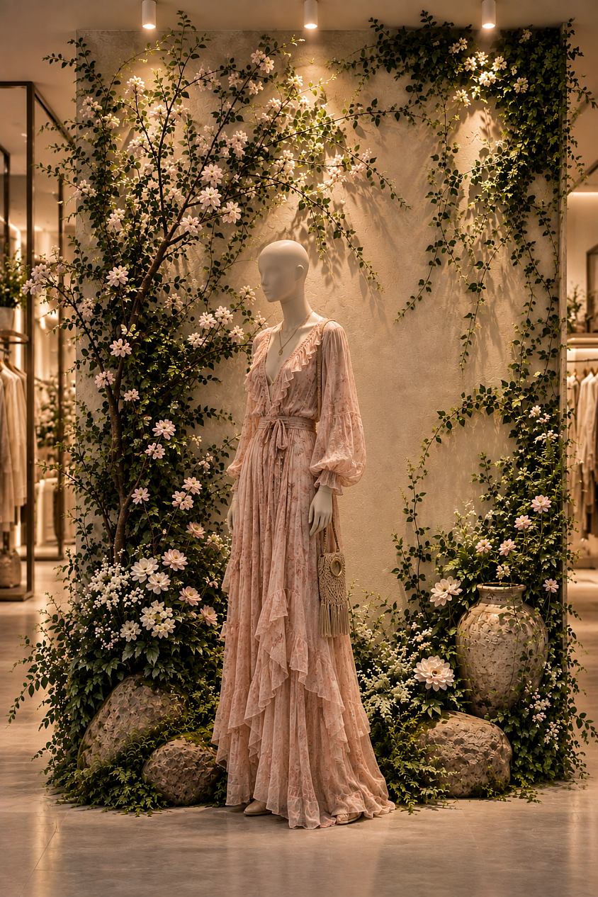 Proyecto conceptual de visual merchandising inspirado en un jardín interior. Una composición que combina moda, vegetación, flores y materiales naturales para crear una experiencia comercial romántica y envolvente.