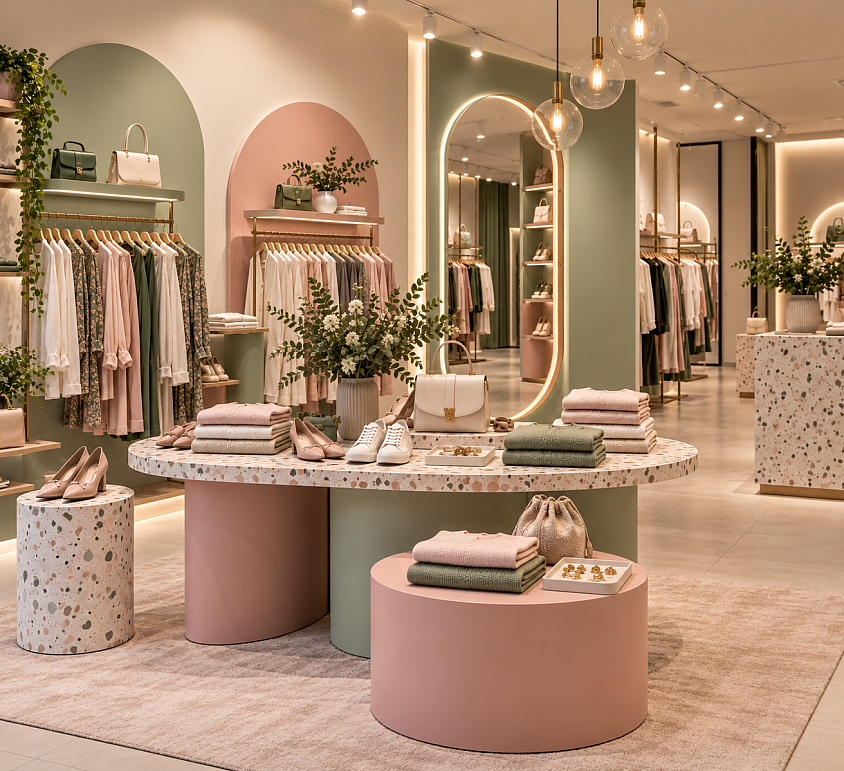 Proyecto de visual merchandising inspirado en el concepto de armario cápsula. Una propuesta interior que combina exposición de producto, formas curvas, terrazzo y una paleta de tonos suaves para crear una experiencia de compra ordenada y contemporánea.