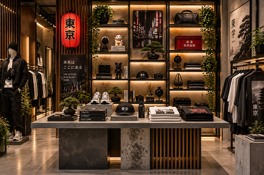 Proyecto conceptual de visual merchandising inspirado en la estética urbana de Tokio. Una propuesta interior que combina moda, cultura japonesa, iluminación, materiales industriales y exposición de producto para crear una experiencia retail contemporánea.