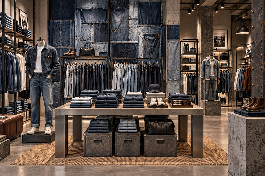 Proyecto conceptual de visual merchandising masculino donde el denim se convierte en el eje de la experiencia comercial. Una propuesta de tienda que combina exposición de jeans, producto doblado, materiales industriales y una composición contemporánea.