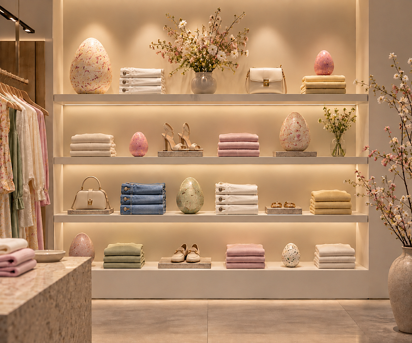 Proyecto de visual merchandising inspirado en la primavera, con estanterías de producto, prendas dobladas, complementos, flores y elementos decorativos integrados en el espacio comercial.