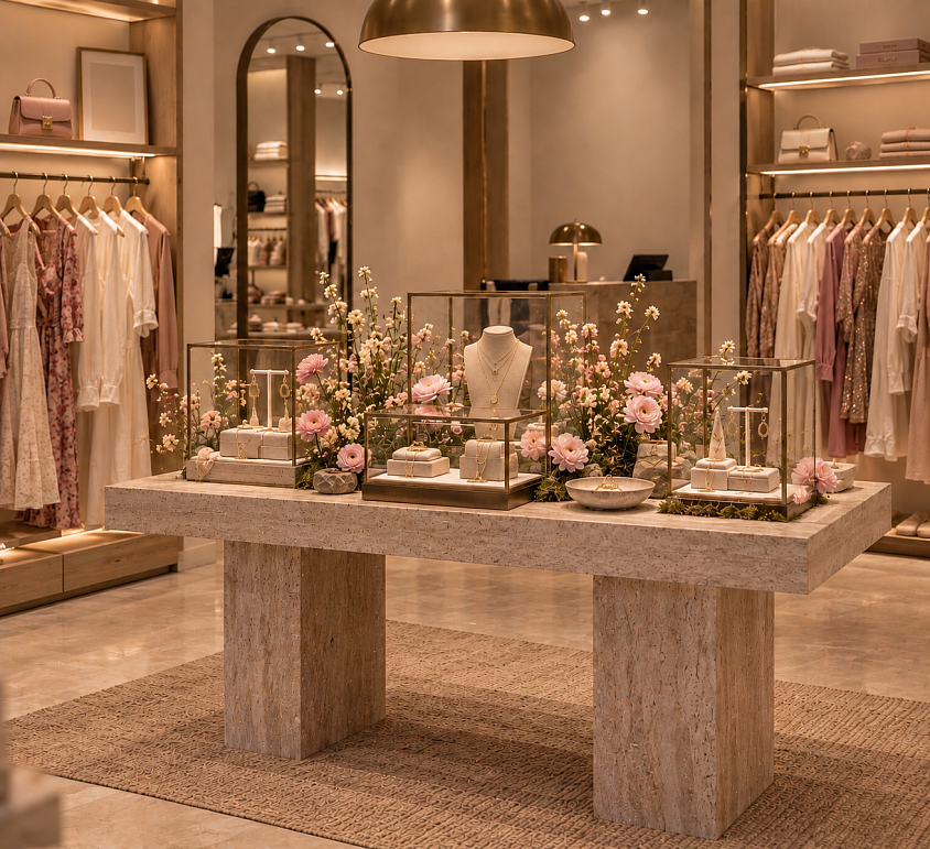 Propuesta de visual merchandising para una boutique femenina: mesa central de joyería con vitrinas de cristal, flores y materiales naturales integrada en un espacio comercial elegante y sofisticado.